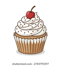 An illustration of a hand drawn cupcake with a white frosting swirl, topped with a red cherry and brown sprinkles, isolated on white. Perfect for use in menus, greeting cards, or other design projects.