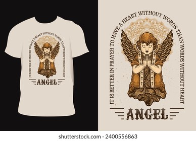 Illustration hand drawn. Cupid angel praying engraving style on T shirt mockup