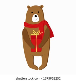 Illustration hand drawn of cute bear wearing red scarf. Depicts a bear with gift box. Christmas background with smiling cartoon character. Winter greeting card of a cute hand drawn bear
