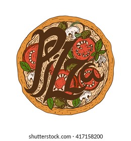 Illustration hand drawn delicious pizza with tomatoes, mozzarella, champignons,oregano,pepper,onion and olives. Vector