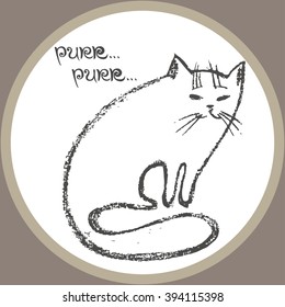 Illustration with hand drawn doodle cat in vector. Funny home animal cat or kitten on isolated background with round and feline song text purr in vector. Hand drawn white cat template design for use