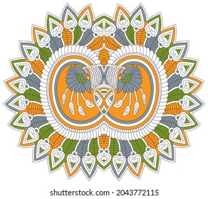 Ilustración doodle mandala dibujada a mano. Mandala étnica con colorido adorno tribal. Aislado. Colores Negros Y Luminosos.
