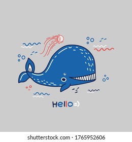 illustration in hand drawn doodle style with little jellyfish and whale. funny sea creatures and animals