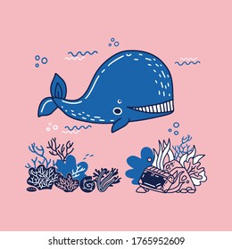 illustration in hand drawn doodle style with little jellyfish and whale. funny sea creatures and animals