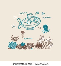 illustration in hand drawn doodle style with little submarine and sea creatures and animals 