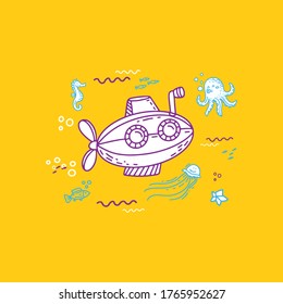 illustration in hand drawn doodle style with little submarine and sea creatures and animals 