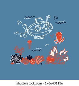 illustration in hand drawn doodle style with little submarine and sea creatures and animals 