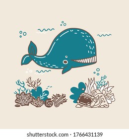 illustration in hand drawn doodle style with little jellyfish and whale. funny sea creatures and animals