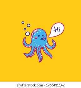 illustration in hand drawn doodle style with funny little octopus in the underwater world