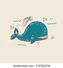 illustration in hand drawn doodle style with little jellyfish and whale. funny sea creatures and animals
