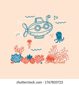 illustration in hand drawn doodle style with little submarine and sea creatures and animals 