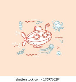 illustration in hand drawn doodle style with little submarine and sea creatures and animals 