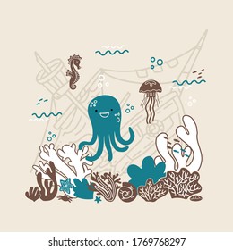 illustration in hand drawn doodle style with funny little octopus in the underwater world