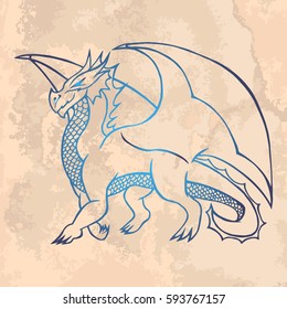 Illustration with hand drawn dragon on vintage paper. Tattoo design element. Heraldry and logo concept art.
