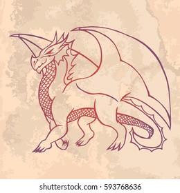 Illustration with hand drawn dragon on vintage paper. Tattoo design element. Heraldry and logo concept art.