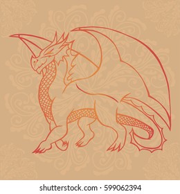 Illustration with hand drawn dragon on brown background with mandalas. Tattoo design element. Heraldry and logo concept art.