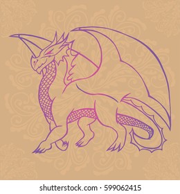 Illustration with hand drawn dragon on brown background with mandalas. Tattoo design element. Heraldry and logo concept art.