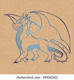 Illustration with hand drawn dragon on brown background with mandalas. Tattoo design element. Heraldry and logo concept art.