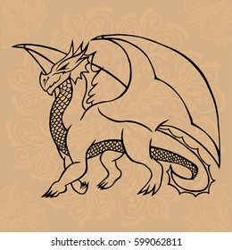 Illustration with hand drawn dragon on brown background with mandalas. Tattoo design element. Heraldry and logo concept art.