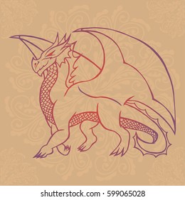 Illustration with hand drawn dragon on brown background with mandalas. Tattoo design element. Heraldry and logo concept art.
