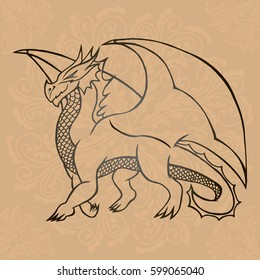 Illustration with hand drawn dragon on brown background with mandalas. Tattoo design element. Heraldry and logo concept art.