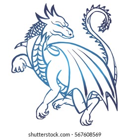 Illustration with hand drawn dragon. Tattoo design element. Heraldry and logo concept art. Drawing for coloring book.