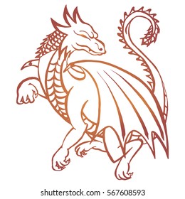 Illustration with hand drawn dragon. Tattoo design element. Heraldry and logo concept art. Drawing for coloring book.