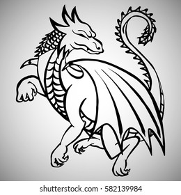 Illustration with hand drawn dragon. Tattoo design element. Heraldry and logo concept art. Drawing for coloring book.
