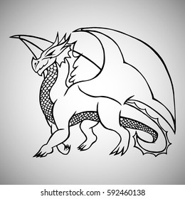 Illustration with hand drawn dragon. Tattoo design element. Heraldry and logo concept art. Drawing for coloring book.