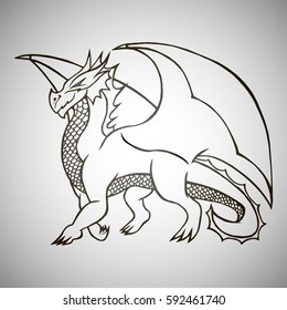 Illustration with hand drawn dragon. Tattoo design element. Heraldry and logo concept art. Drawing for coloring book.