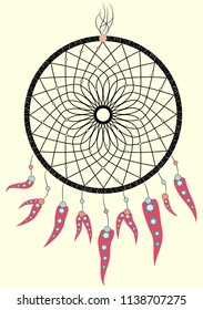 Illustration with hand drawn dream catcher. Feathers and beads. Doodle drawing.