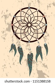 Illustration with hand drawn dream catcher. Feathers and beads. Doodle drawing.