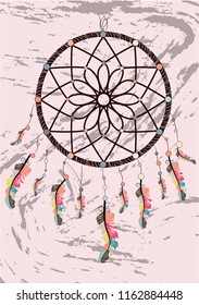 Illustration with hand drawn dream catcher. Feathers and beads. Doodle drawing.