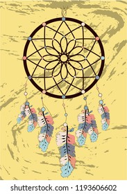 Illustration with hand drawn dream catcher. Feathers and beads. Doodle drawing.