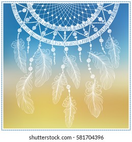  Illustration with hand drawn dream catcher. Feathers and beads. Doodle drawing.