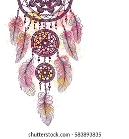  Illustration with hand drawn dream catcher. Feathers and beads. Doodle drawing. svg