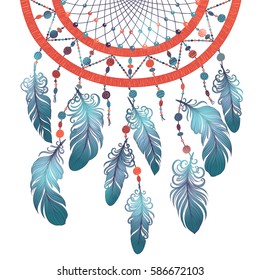  Illustration with hand drawn dream catcher. Feathers and beads. Doodle drawing.