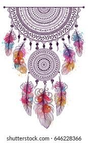  Illustration with hand drawn dream catcher. Feathers and beads. Doodle drawing svg