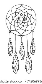Illustration with hand drawn dream catcher. Feathers and beads. Doodle drawing.