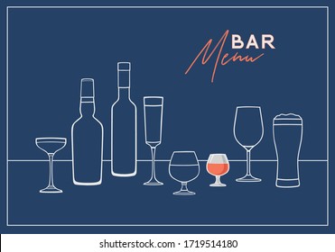 Illustration with  hand drawn drinks set. Menu bar.