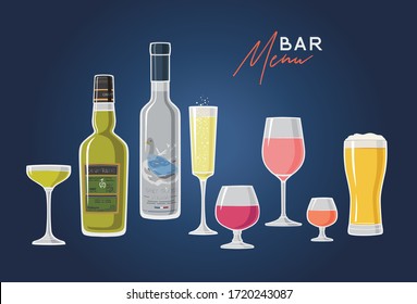 Illustration with  hand drawn drinks set. Menu bar.