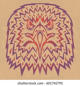 Illustration with hand drawn eagle head on brown background with mandalas. Tattoo design element. Heraldry and logo concept art.