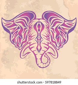 Illustration with hand drawn elephant head on vintage paper. Tattoo design element. Heraldry and logo concept art.