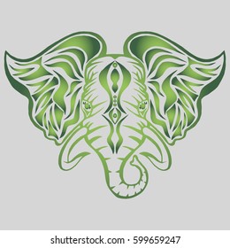 Illustration with hand drawn elephant head. Tattoo design element. Heraldry and logo concept art. Drawing for coloring book.