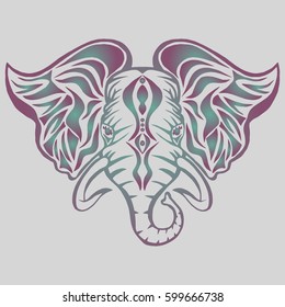 Illustration with hand drawn elephant head. Tattoo design element. Heraldry and logo concept art. Drawing for coloring book.