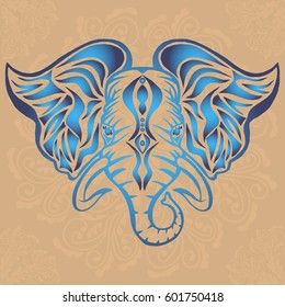 Illustration with hand drawn elephant head on brown background with mandalas. Tattoo design element. Heraldry and logo concept art.