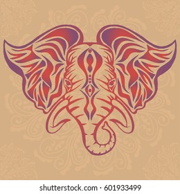 Illustration with hand drawn elephant head on brown background with mandalas. Tattoo design element. Heraldry and logo concept art.