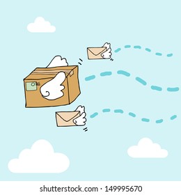 Illustration of hand drawn flying box and envelopes