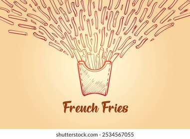 Ilustração de mão desenhada voando batatas fritas vetor doodle. Fast food francês fritas linha de desenho vetor banner no fundo isolado.