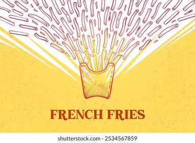 Ilustração de mão desenhada voando batatas fritas vetor doodle. Fast food batatas fritas linha desenho vetor banner no fundo amarelo.